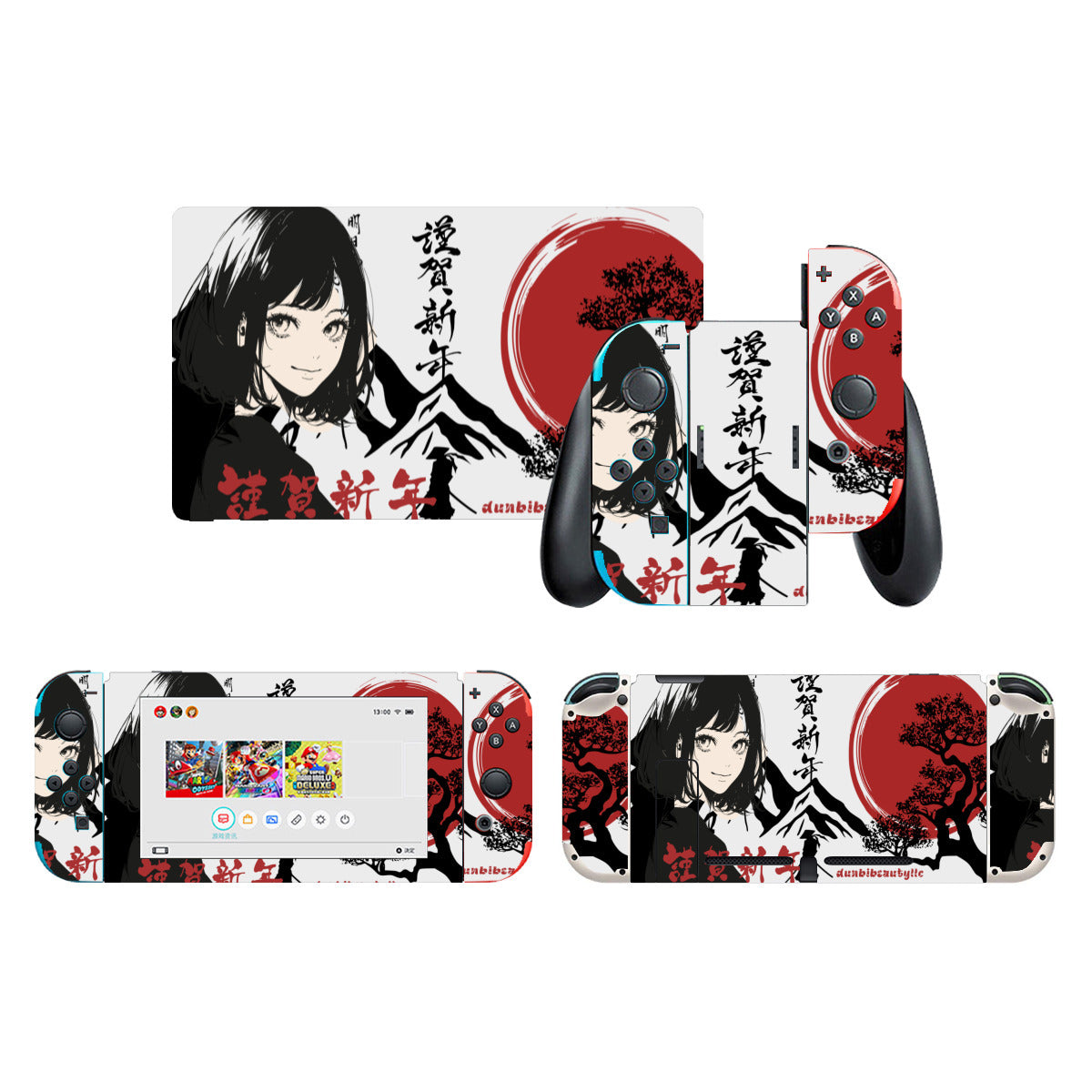 Nintendo Switch Game Console Stickers ｜PVC - Japan, Japanese, Red, Samurai, Pretty Girl, Tiger, Kanji, Mountains (Designed by Dunbi)