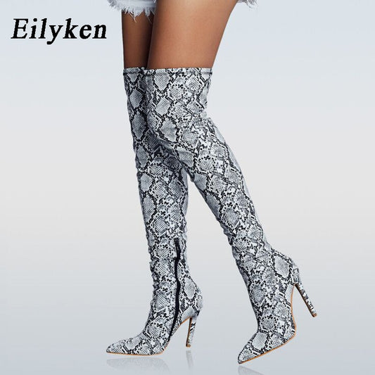 Women's Knee High Snake Pattern Pointed Toe Zipper Boots Dsers