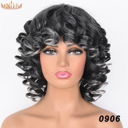 Short Hair Afro Curly Wig With Bangs For Black Women Synthetic Ombre Glueless Cosplay Wigs High Temperature Annivia