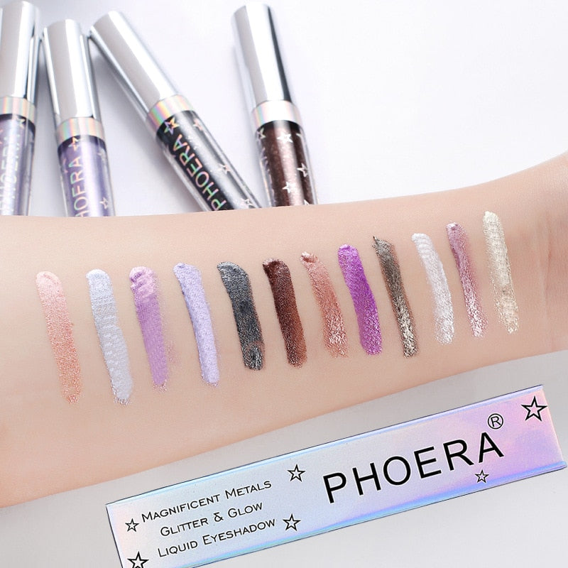 PHOERA Liquid Eyeshadow Eye Liner Pen Metallic Diamond Shiny Eyeshadow Palette Shimmer Pigmented Long lasting Cosmetic Makeup