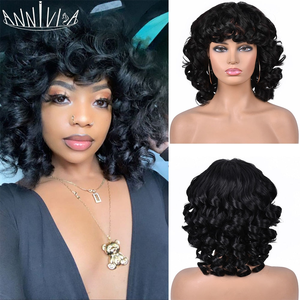 Short Hair Afro Curly Wig With Bangs For Black Women Synthetic Ombre Glueless Cosplay Wigs High Temperature Annivia