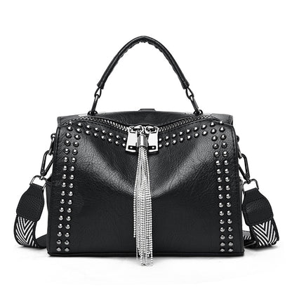 Women's Small Punk Theme Shoulder Bag with Rivets and Tassel Dsers