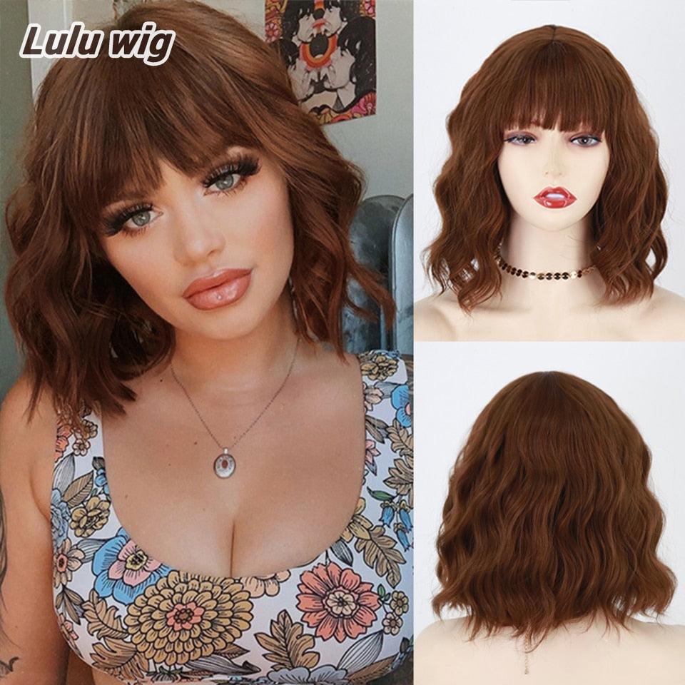 Short Bob Synthetic Wigs for Women Short Wavy Wigs with Bangs Wavy Bob Wig Wine Red Wig Heat Resistant Fiber Cosplay hair