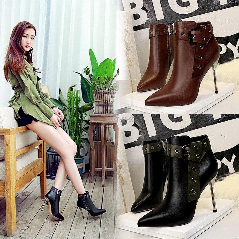 Winter Black Soft Leather Women's Boots Retro Belt Buckle Pointed Toe ankle Boots Side Zipper High Heels Shoes For Women Party Dsers