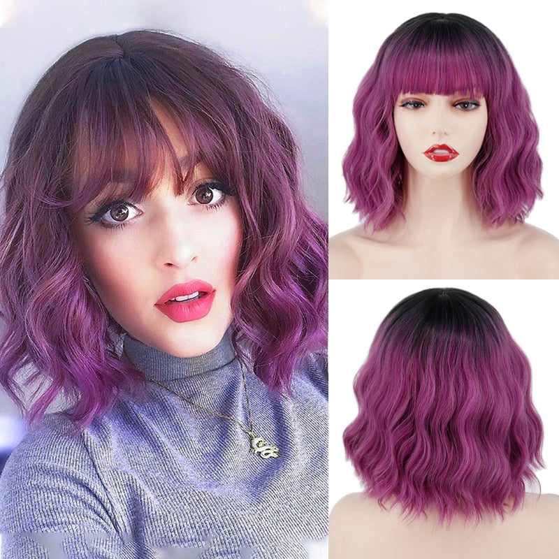 Short Bob Synthetic Wigs for Women Short Wavy Wigs with Bangs Wavy Bob Wig Wine Red Wig Heat Resistant Fiber Cosplay hair