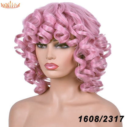 Short Hair Afro Curly Wig With Bangs For Black Women Synthetic Ombre Glueless Cosplay Wigs High Temperature Annivia