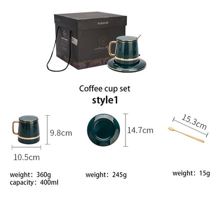 MDZF SWEETHOME Green Coffee Cup Set With Mat And Lid Spoon Milk Ceramic Cup Breakfast Tableware Set Couple Mug Birthday Gift Box Dsers