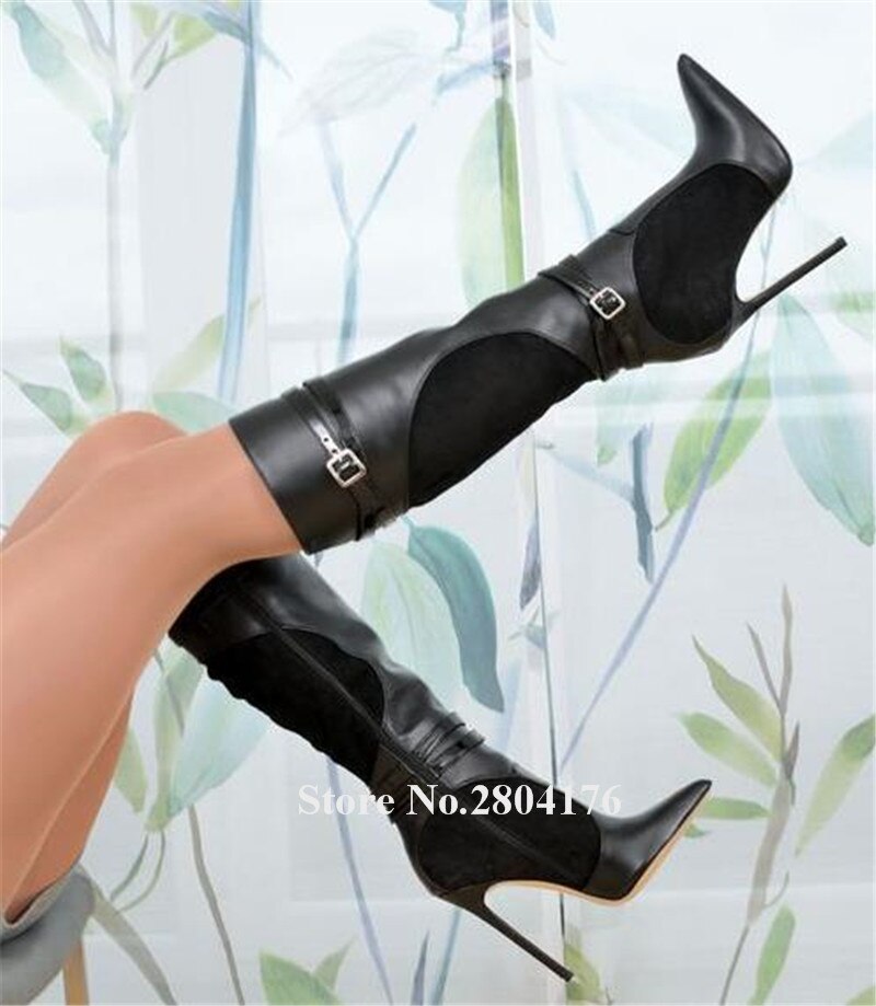 Women Elegant Pointed Toe Black Leather Suede Patchwork Stiletto Heel Knee High Boots Straps Buckles Long High Heel Boots Dsers