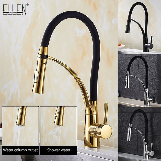 Pull Down Kitchen Faucet Gold Hot and Cold Water Crane Mixer Deck Mounted Kitchen Sink Faucets with Rubber Design ELK909G Dsers