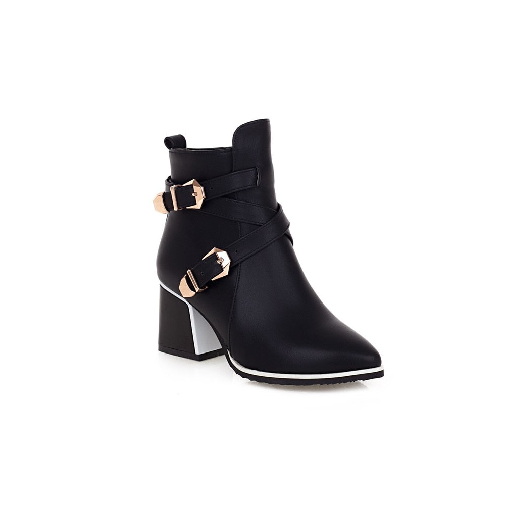 Women's Pointed Toe Square Heel Buckle Ankle Boots Dsers