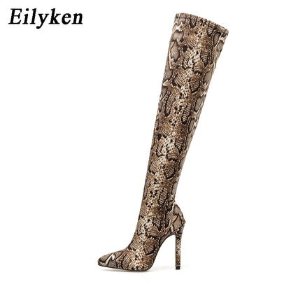 Women's Knee High Snake Pattern Pointed Toe Zipper Boots Dsers