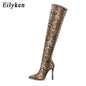 Women's Knee High Snake Pattern Pointed Toe Zipper Boots Dsers