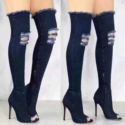 Women's Thigh High Ripped Jeans Boots Dsers