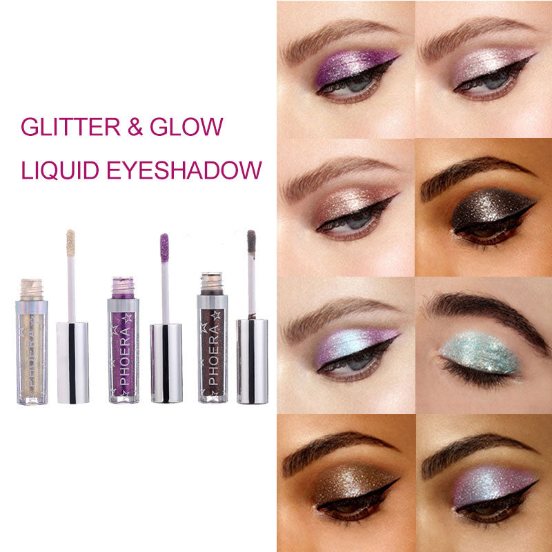 PHOERA Liquid Eyeshadow Eye Liner Pen Metallic Diamond Shiny Eyeshadow Palette Shimmer Pigmented Long lasting Cosmetic Makeup