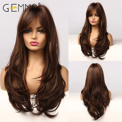 GEMMA Synthetic Long Wavy Dark Brown Golden Highlight Wig for Black Women African American Cosplay Wig with Bangs Heat Resistant