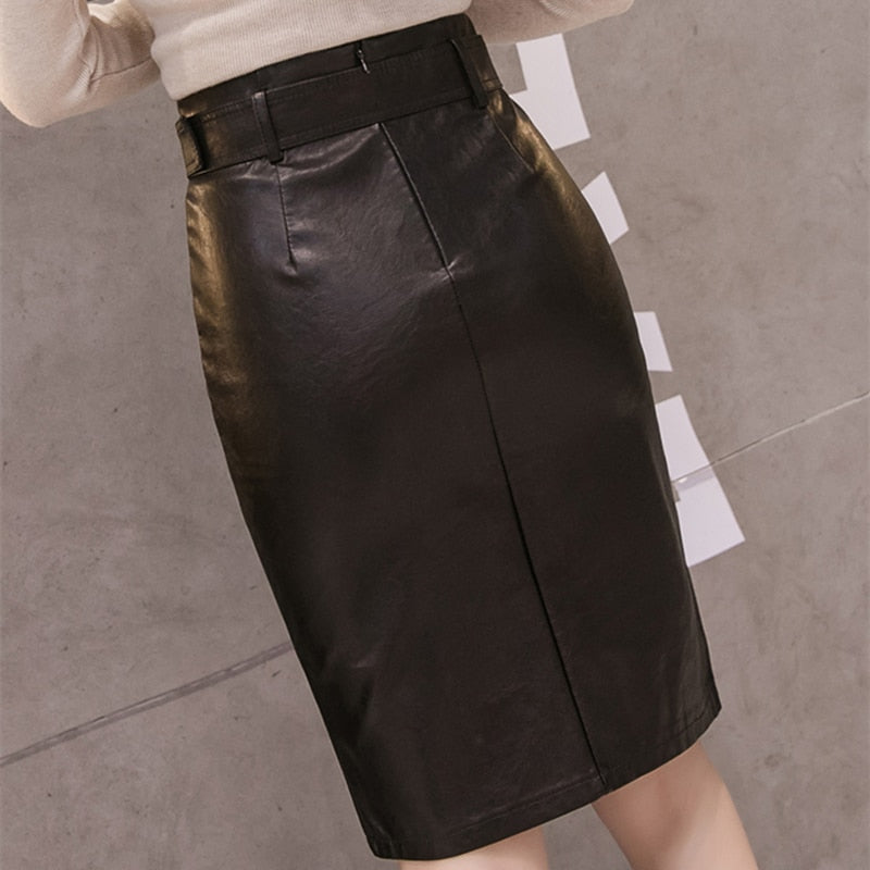 Women's PU Leather Pencil Skirt with Waist Belt Dsers