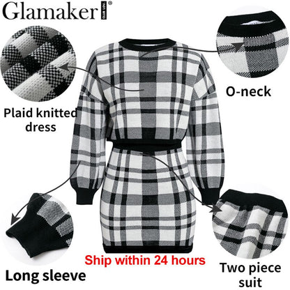 Women's 2 Piece Knit Sweater and Skirt Set in Plaid Dsers