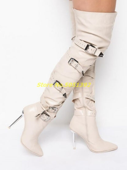 Stiletto Boots In Bone Multi-Buckle Over The Knee Zipper Thigh High Boots Solid Pointy Toe White Custom Made Runway Dress Boots Dsers