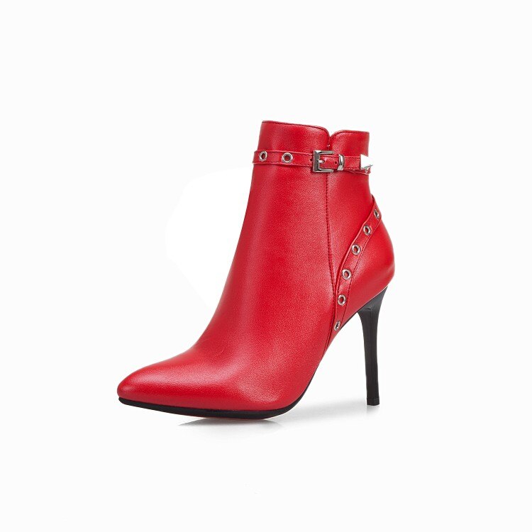 Sexy Ankle Boots Belt Buckle Zip Pointed Toe Party Thin Heel Short Plush US19 Red Blue Black Yellow White A4514 Dsers