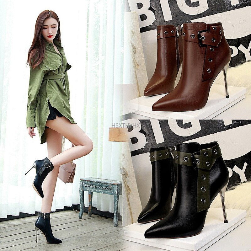 Winter Black Soft Leather Women's Boots Retro Belt Buckle Pointed Toe ankle Boots Side Zipper High Heels Shoes For Women Party Dsers