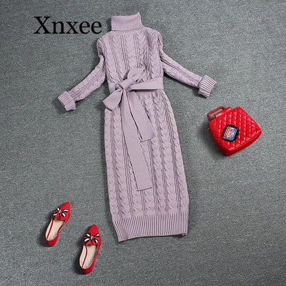 Vintage wool dress thickening knit dress Casual Knitted Sweater Dresses Dsers