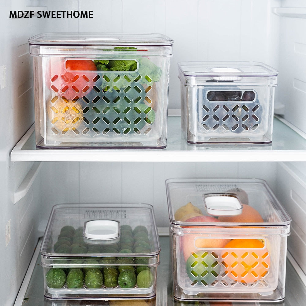 Refrigerator Food Storage Containers With Drainer Kitchen Vegetable Fruit Fresh Storage Box With Lid Fridge Stackable Organizer Dsers