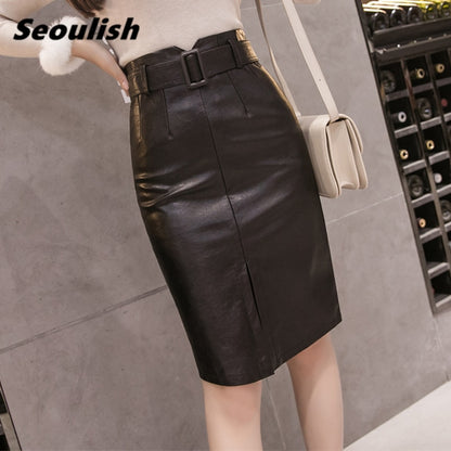 Women's PU Leather Pencil Skirt with Waist Belt Dsers