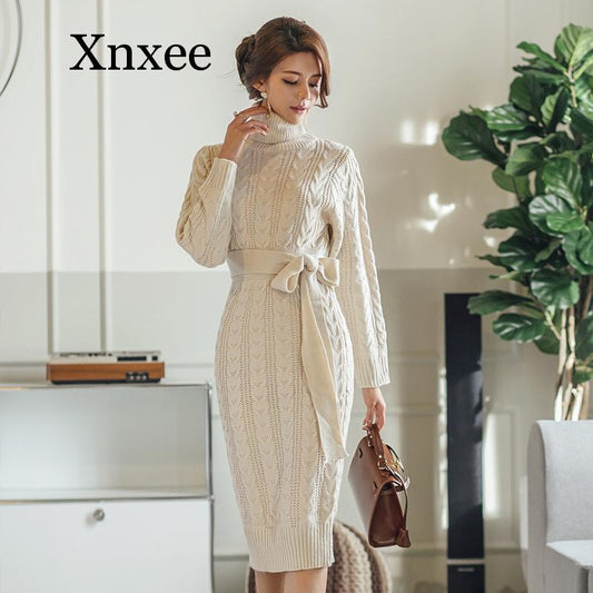 Vintage wool dress thickening knit dress Casual Knitted Sweater Dresses Dsers