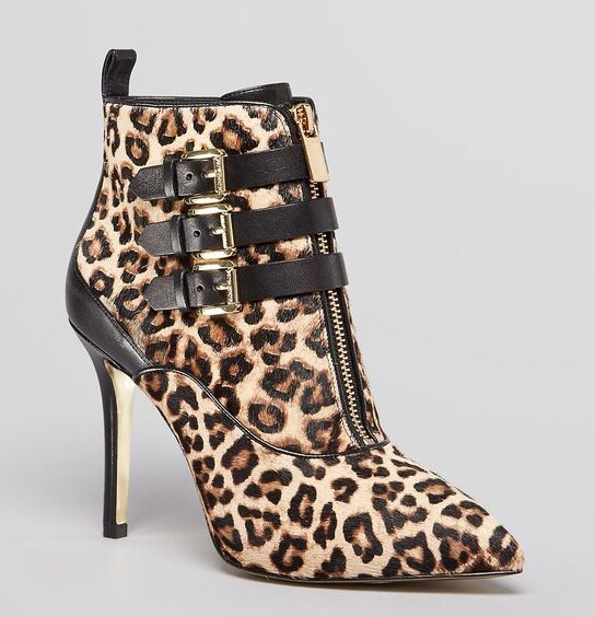 Women Sexy Leopard Suede Front Zipper Ankle Boots Metal Buckle Pointed Toe Patchwork Thin High Heels Gladiator Short Booties Dsers