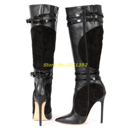 Patchwork Stiletto High Heel Boots Ankle Strap Sexy Pointed Toe Zipper Runway Dress Women Shoes Black Leather Suede New Boots Dsers