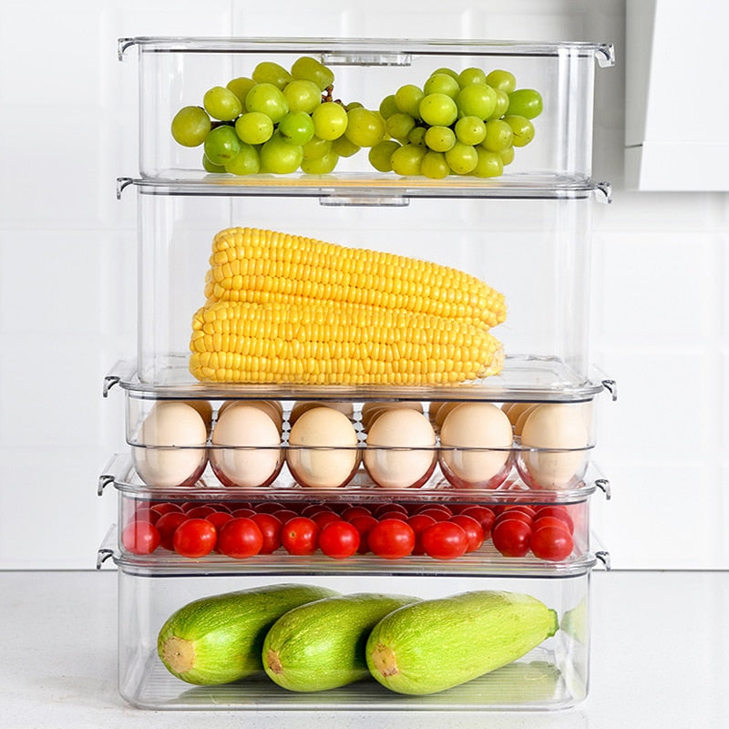 Refrigerator Food Storage Containers With Drainer Kitchen Vegetable Fruit Fresh Storage Box With Lid Fridge Stackable Organizer Dsers