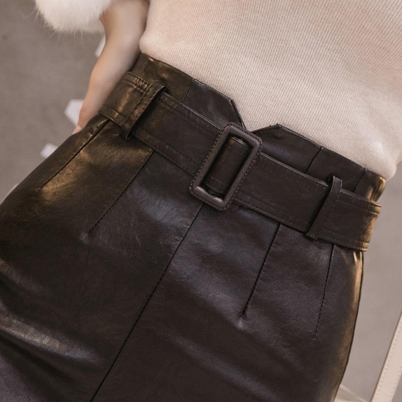 Women's PU Leather Pencil Skirt with Waist Belt Dsers