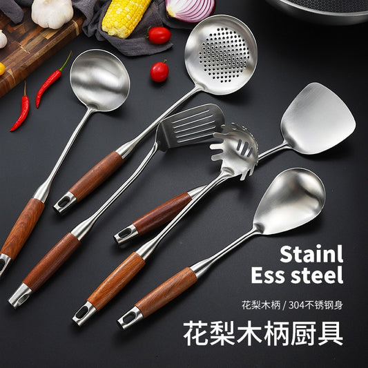 Rosewood Spatula 304 Stainless Steel Kitchenware Soup Spoon Fishing Colander Household Kitchen Utensils Frying Shovel Hot Set Dsers