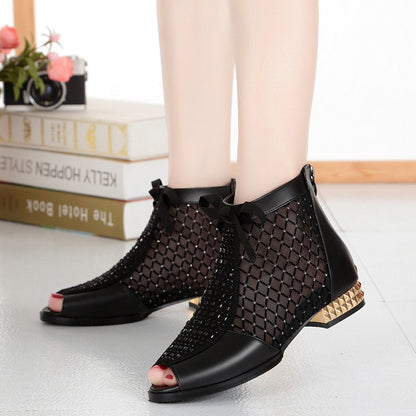 Women's Mesh Ankle Boots with Low Heel and Bow Dsers