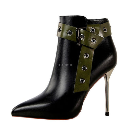 Winter Black Soft Leather Women's Boots Retro Belt Buckle Pointed Toe ankle Boots Side Zipper High Heels Shoes For Women Party Dsers