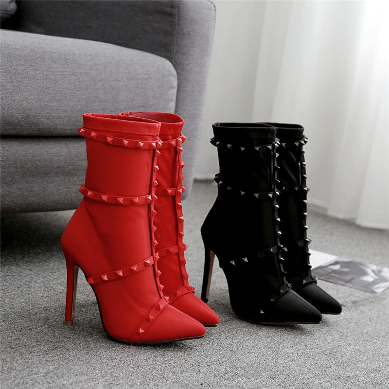 Women's Rivets Silk Sock Stiletto Ankle Boots Dsers