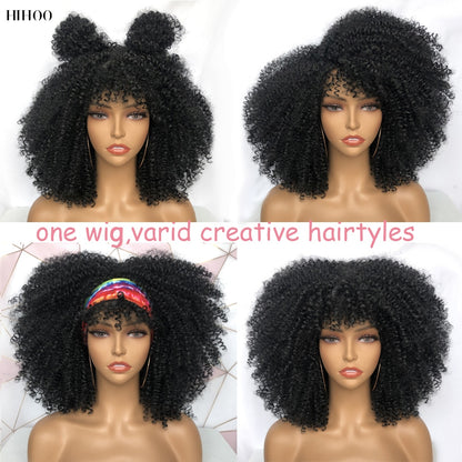 Short Afro Kinky Curly Wig With Bangs For Black Women Cosplay Lolita Natural Hair Ombre Mixed Brown Synthetic African Wigs