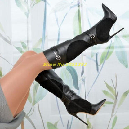 Patchwork Stiletto High Heel Boots Ankle Strap Sexy Pointed Toe Zipper Runway Dress Women Shoes Black Leather Suede New Boots Dsers