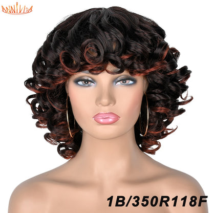 Short Hair Afro Curly Wig With Bangs For Black Women Synthetic Ombre Glueless Cosplay Wigs High Temperature Annivia