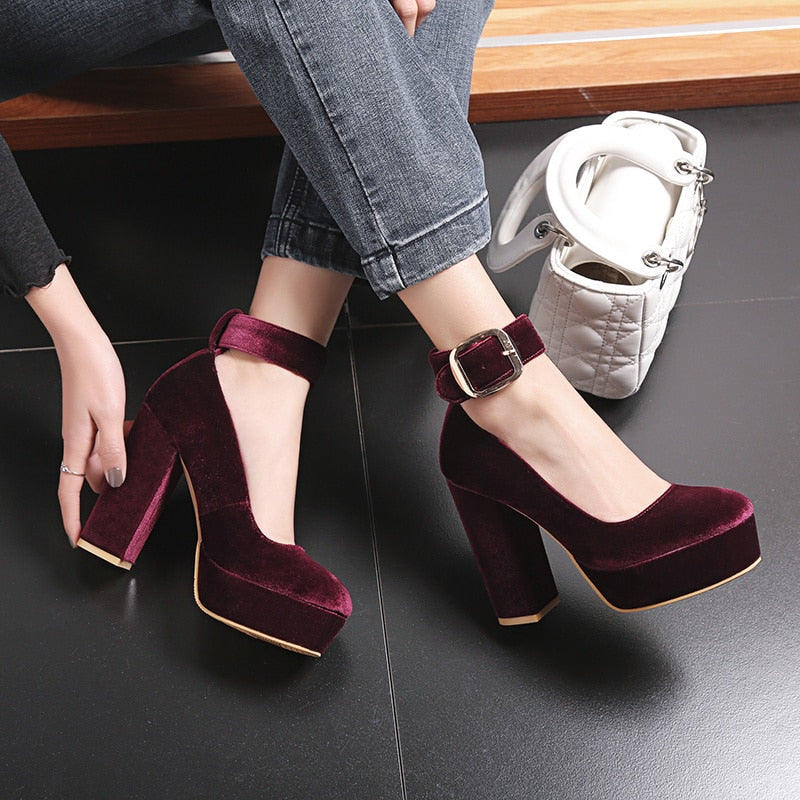 Women's Velvet Round Toe Platform Chunky Heels Wedge Heels Blue High Dsers