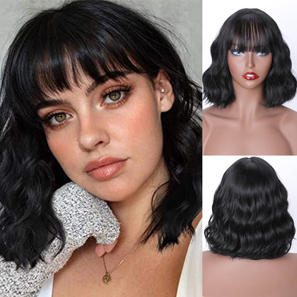 Short Bob Synthetic Wigs for Women Short Wavy Wigs with Bangs Wavy Bob Wig Wine Red Wig Heat Resistant Fiber Cosplay hair