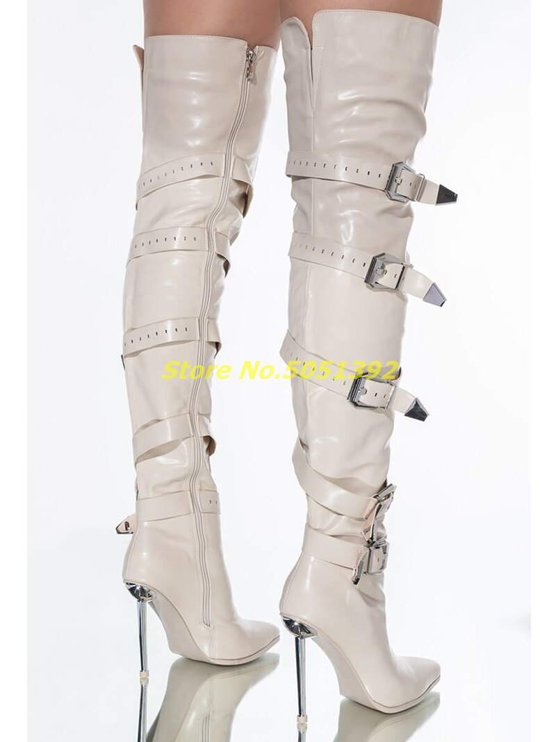 Stiletto Boots In Bone Multi-Buckle Over The Knee Zipper Thigh High Boots Solid Pointy Toe White Custom Made Runway Dress Boots Dsers