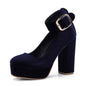 Women's Velvet Round Toe Platform Chunky Heels Wedge Heels Blue High Dsers