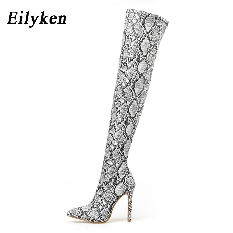 Women's Knee High Snake Pattern Pointed Toe Zipper Boots Dsers