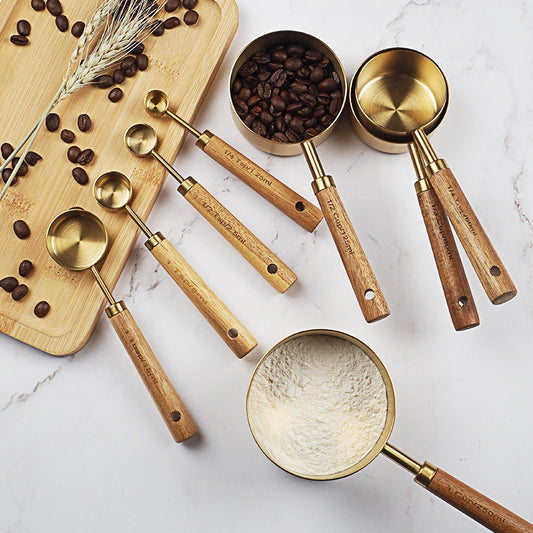 Measuring Spoon Set Kitchen Accessories Wooden Handle Stainless Steel Measuring Cups Spoons Baking Tools Coffee Bartending Scale Dsers