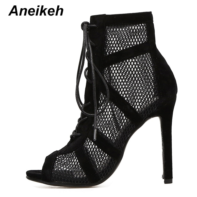 Women's Mesh Lace Up High Heel Boots Dsers