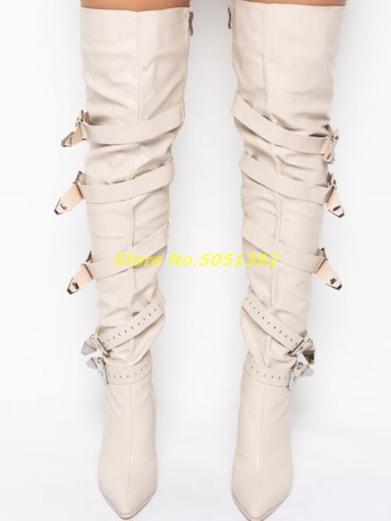 Stiletto Boots In Bone Multi-Buckle Over The Knee Zipper Thigh High Boots Solid Pointy Toe White Custom Made Runway Dress Boots Dsers