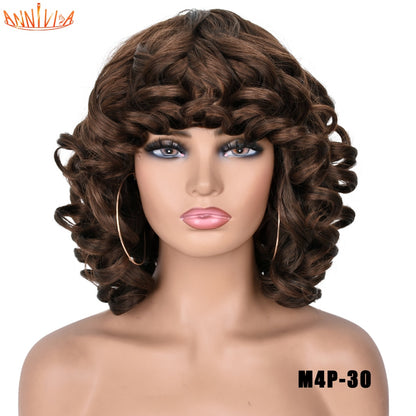 Short Hair Afro Curly Wig With Bangs For Black Women Synthetic Ombre Glueless Cosplay Wigs High Temperature Annivia