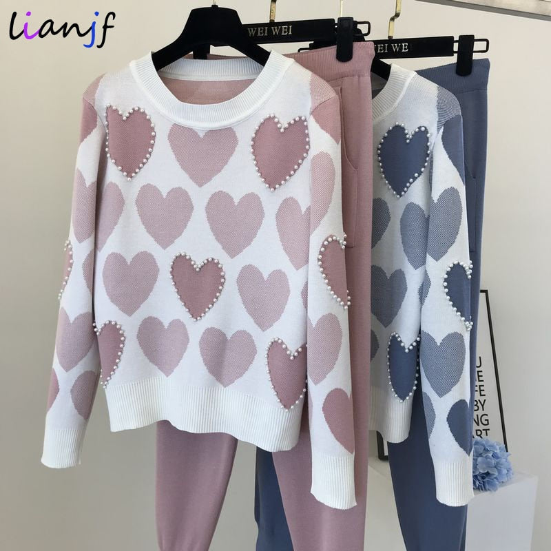 Women's Two Piece Pearl Heart Sweater and Matching Leggings Set Dsers