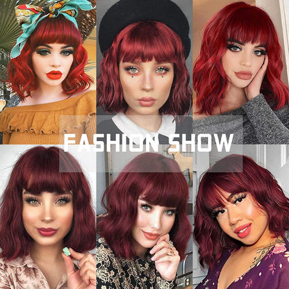 Short Bob Synthetic Wigs for Women Short Wavy Wigs with Bangs Wavy Bob Wig Wine Red Wig Heat Resistant Fiber Cosplay hair